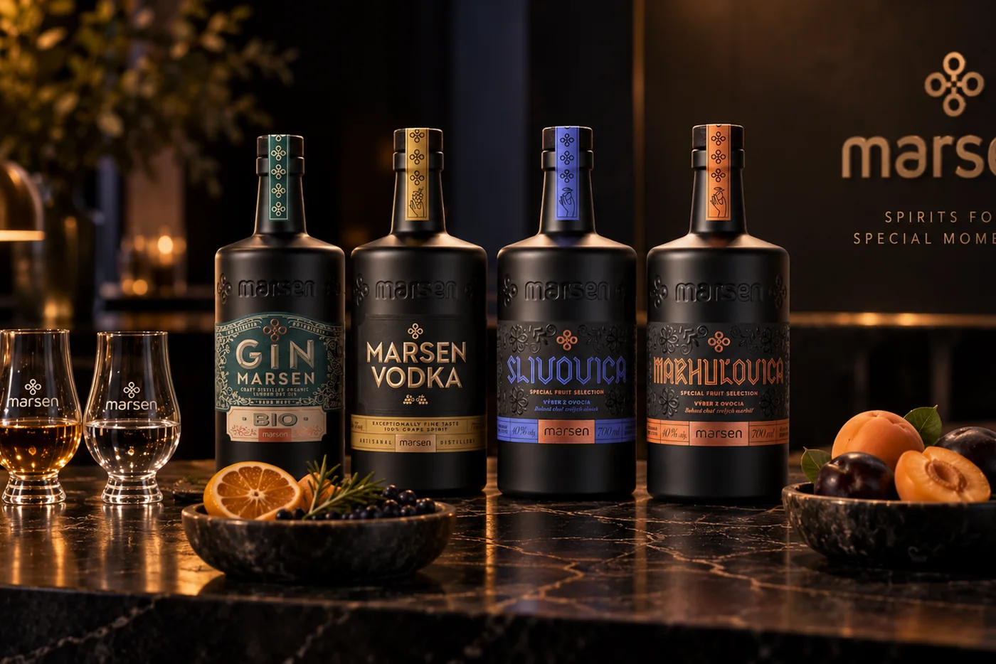 Fľaše Marsen — gin BIO, vodka, slivovica a marhuľovica — pripravené na degustáciu